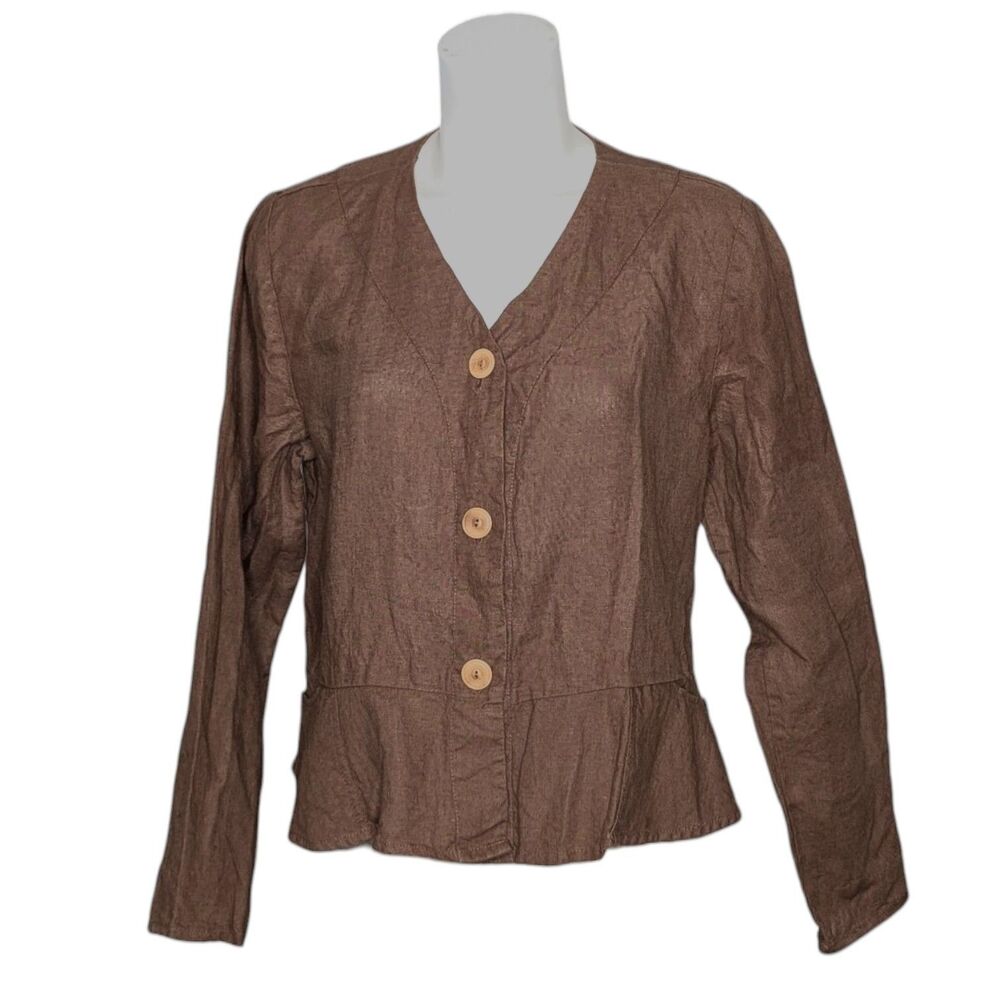 Flax Size Small Brown Peplum Top 100% Linen Long Sleeve V Neck Lagenlook Minimal